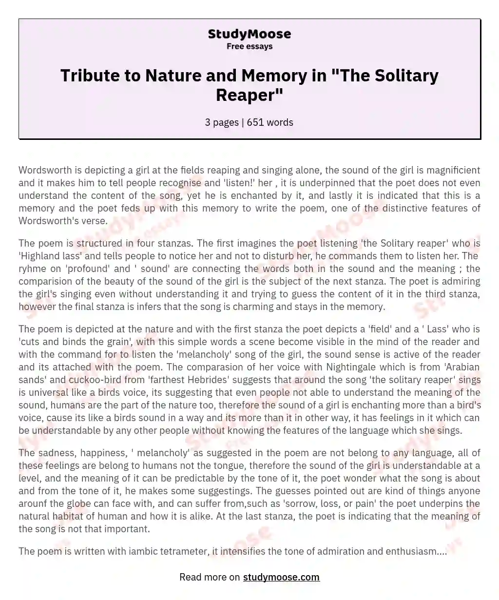 Tribute to Nature and Memory in "The Solitary Reaper" essay