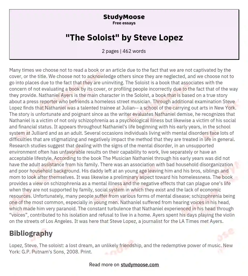 Steve Lopez's View of Nathaniel Ayers' Story with Schizophrenia as  Exemplified in the Soloist: [Essay Example], 1527 words GradesFixer