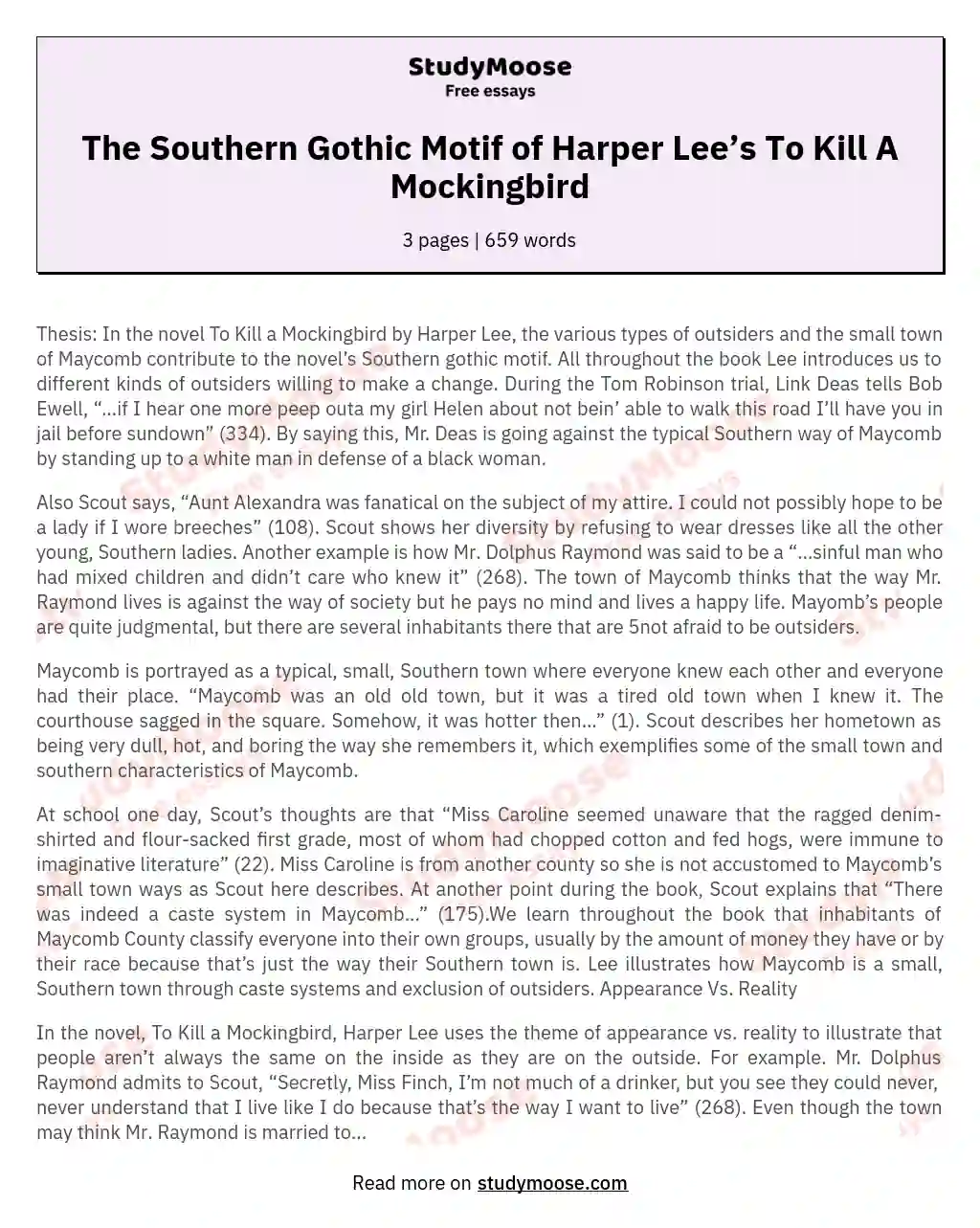 The Southern Gothic Motif of Harper Lee’s To Kill A Mockingbird essay