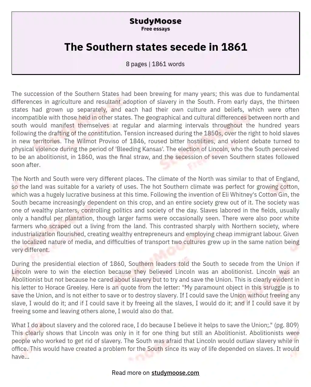 The Southern states secede in 1861 essay
