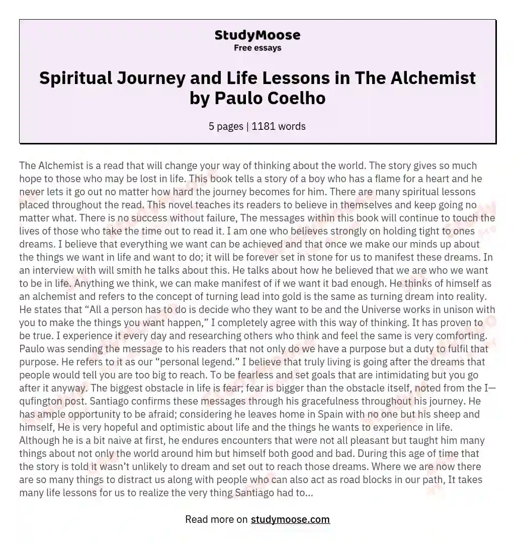 Spiritual Journey and Life Lessons in The Alchemist by Paulo Coelho essay