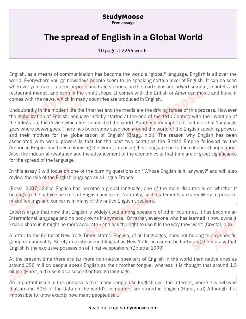 The spread of English in a Global World essay