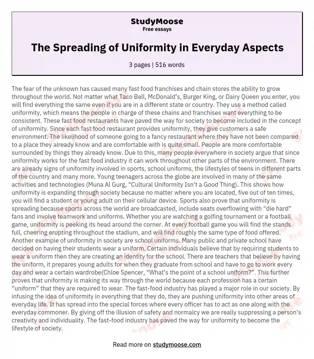 The Spreading of Uniformity in Everyday Aspects essay