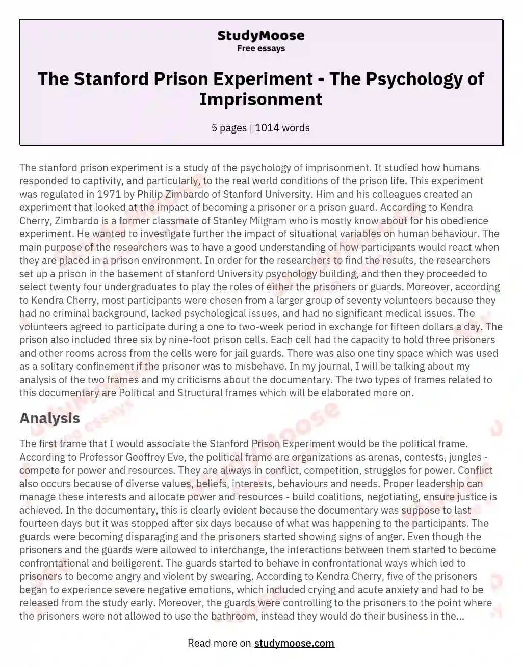 The Stanford Prison Experiment - The Psychology of Imprisonment essay