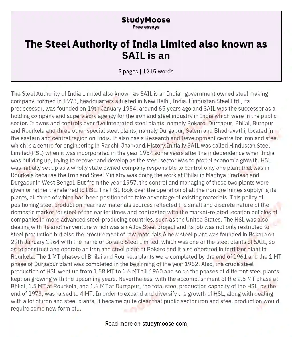 The Steel Authority of India Limited also known as SAIL is an