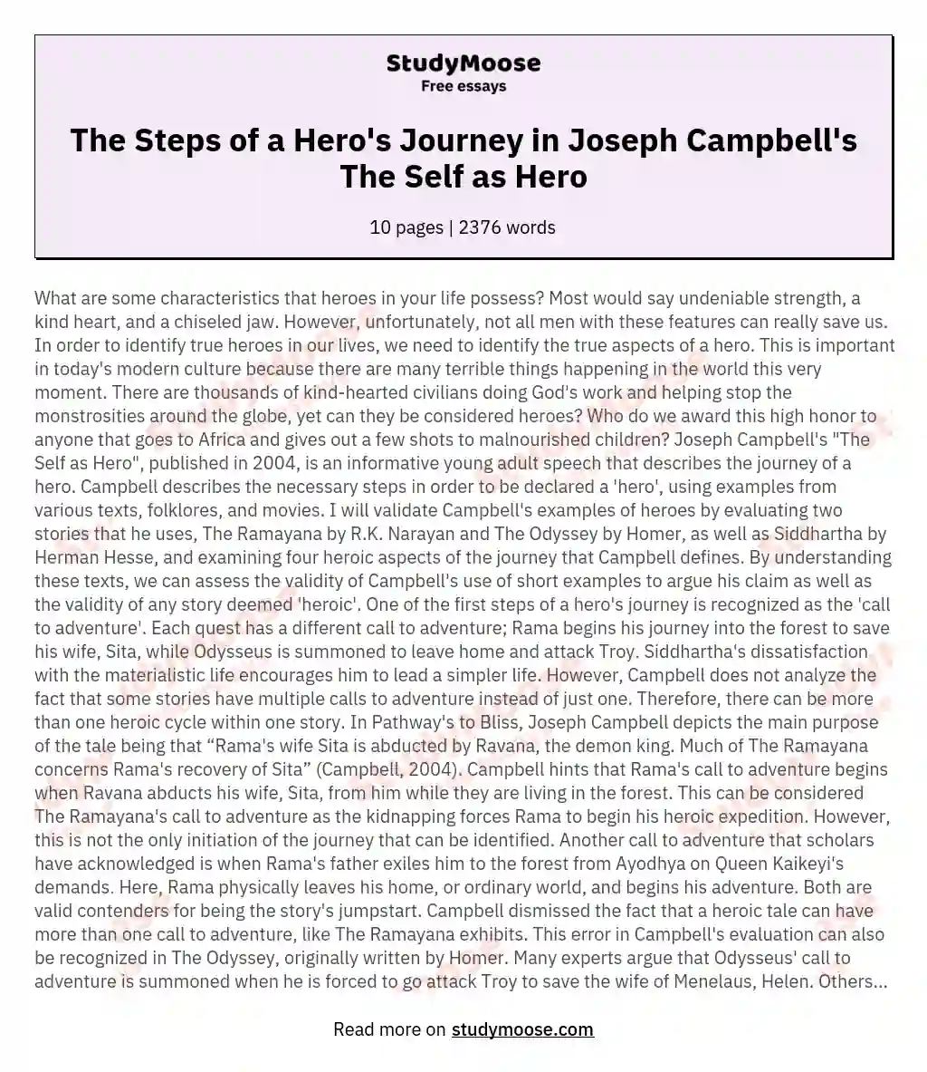 The Steps of a Hero's Journey in Joseph Campbell's The Self as Hero essay