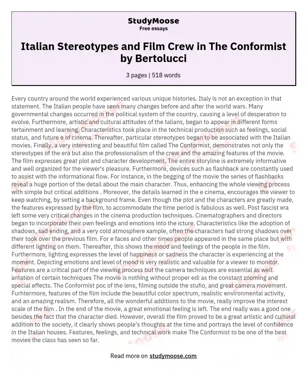 Italian Stereotypes and Film Crew in The Conformist by Bertolucci essay