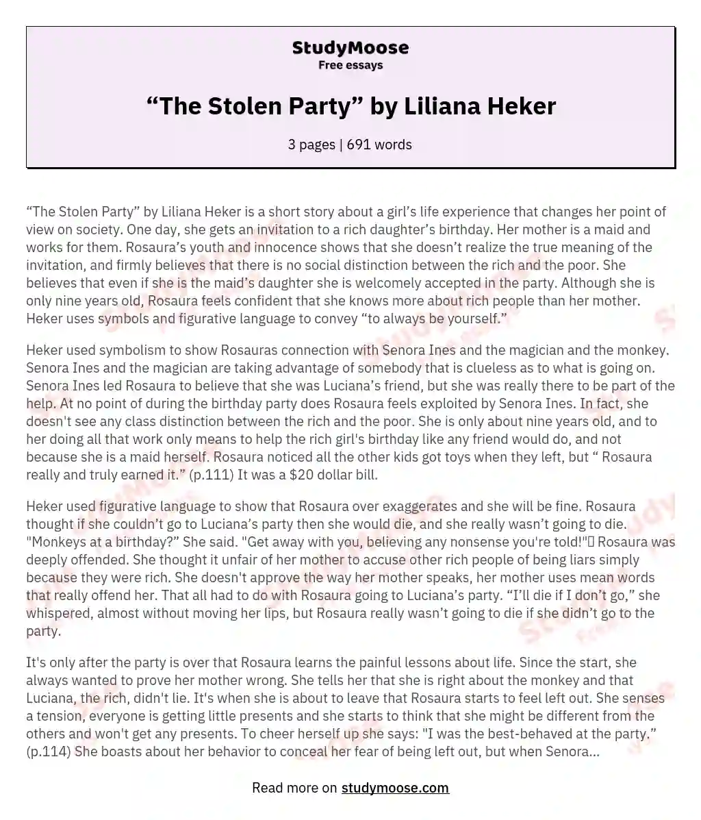 “The Stolen Party” by Liliana Heker essay