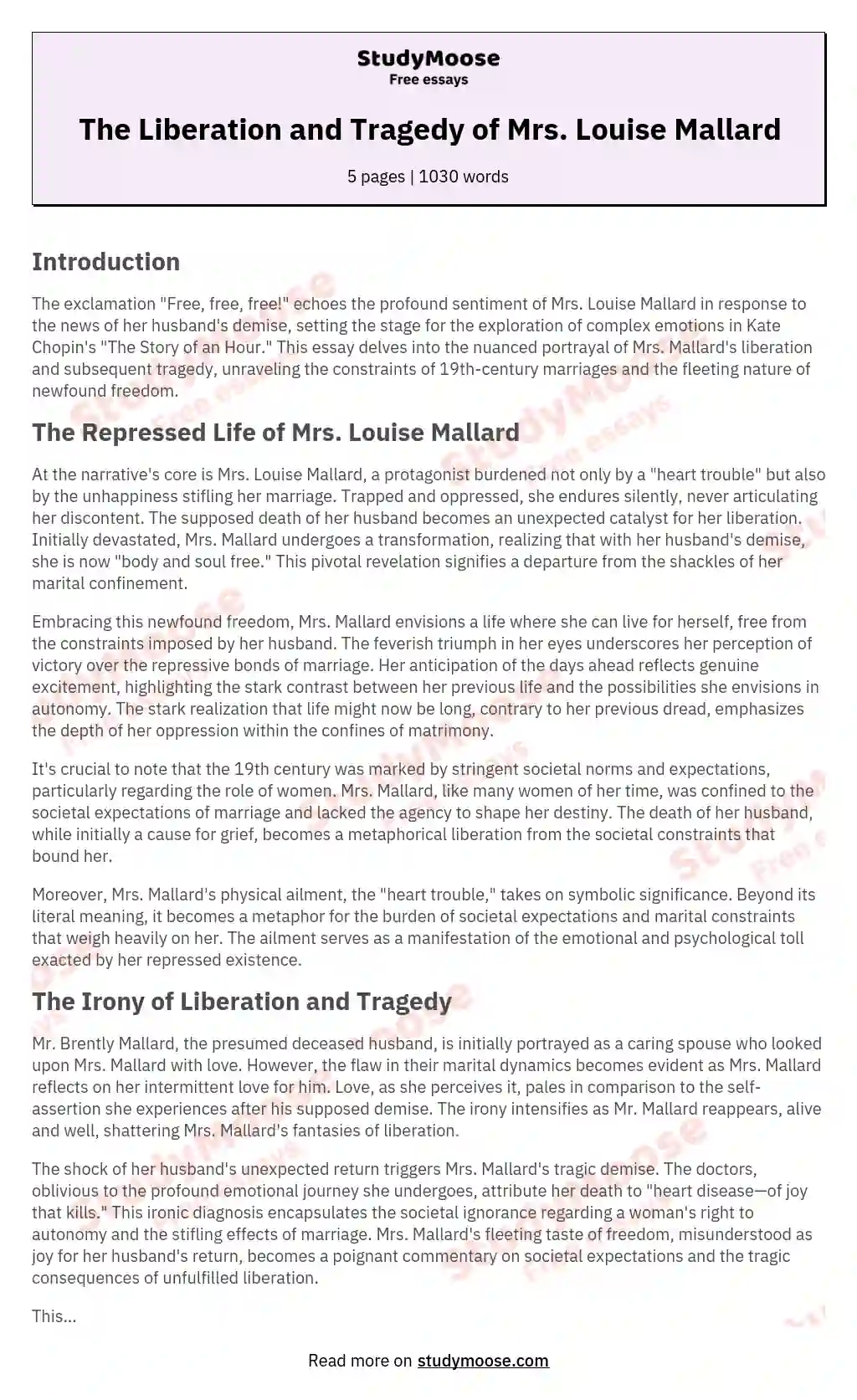 The Liberation And Tragedy Of Mrs Louise Mallard Free Essay Example