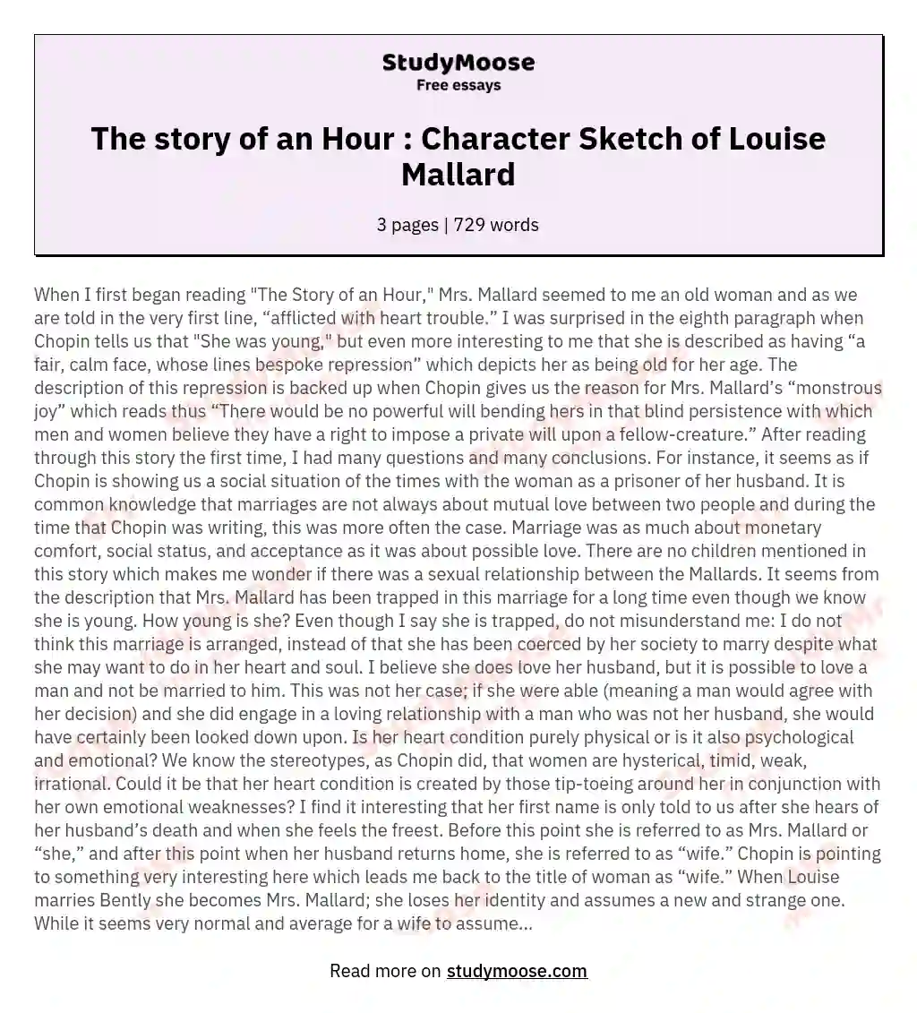 The story of an Hour : Character Sketch of Louise Mallard essay