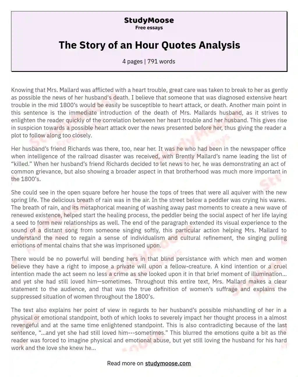 The Story of an Hour Quotes Analysis essay
