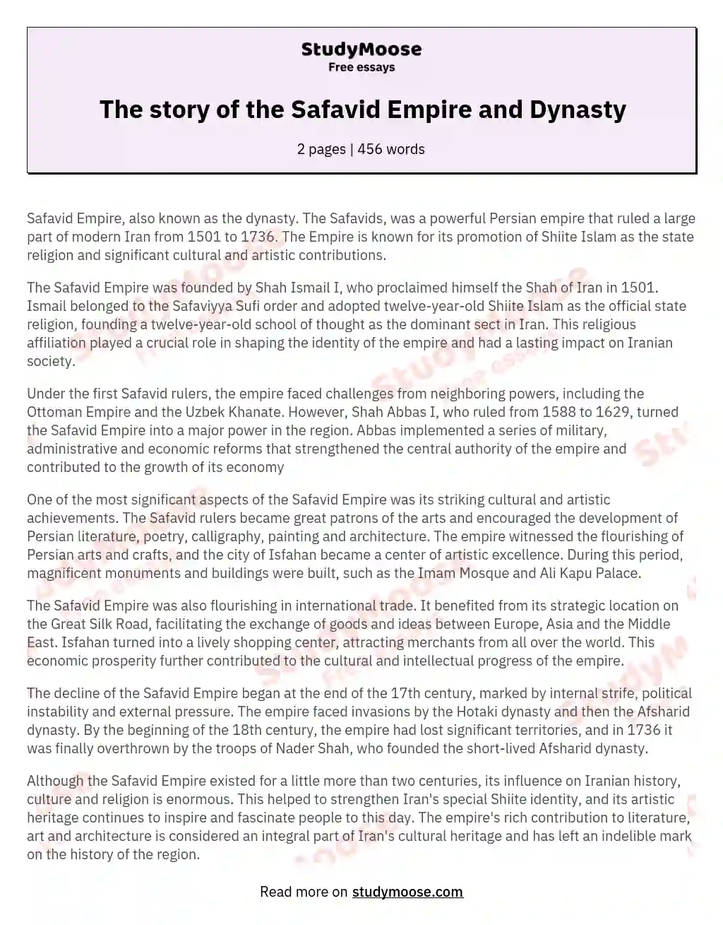 The story of the Safavid Empire and Dynasty essay
