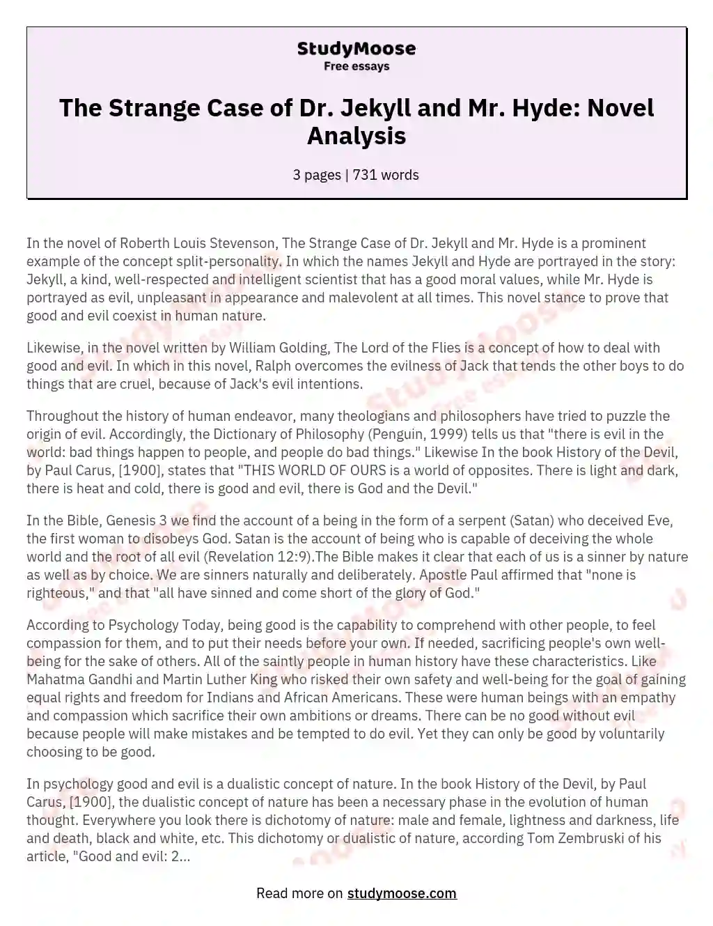 The Strange Case of Dr. Jekyll and Mr. Hyde: Novel Analysis essay