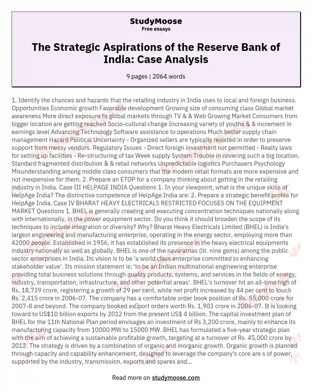 The Strategic  Aspirations of the Reserve Bank of India: Case Analysis