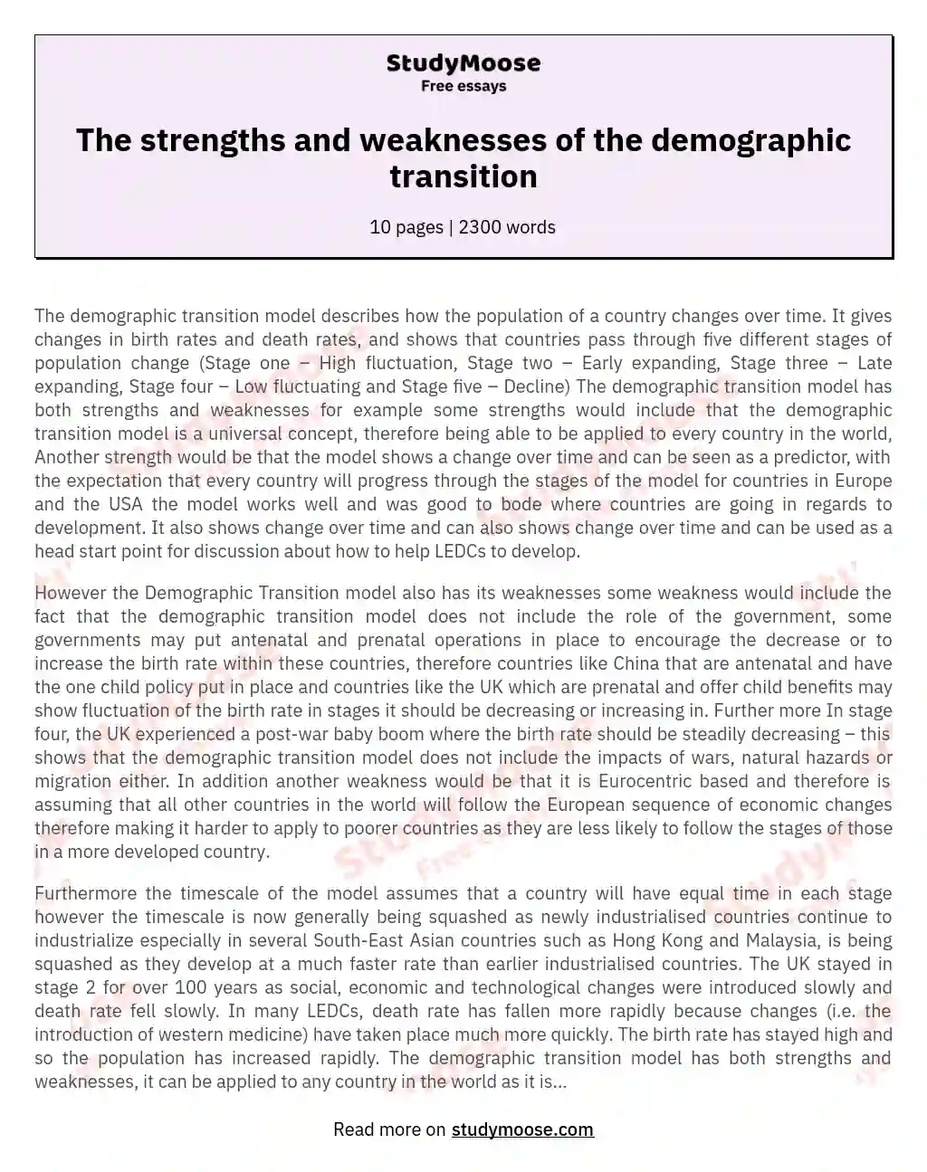 The strengths and weaknesses of the demographic transition essay