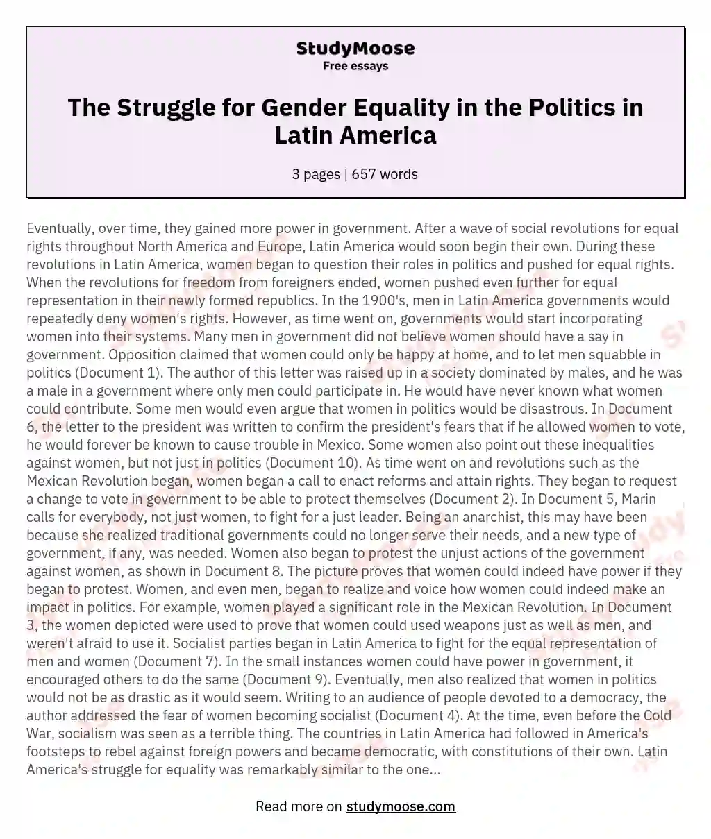 The Struggle for Gender Equality in the Politics in Latin America essay