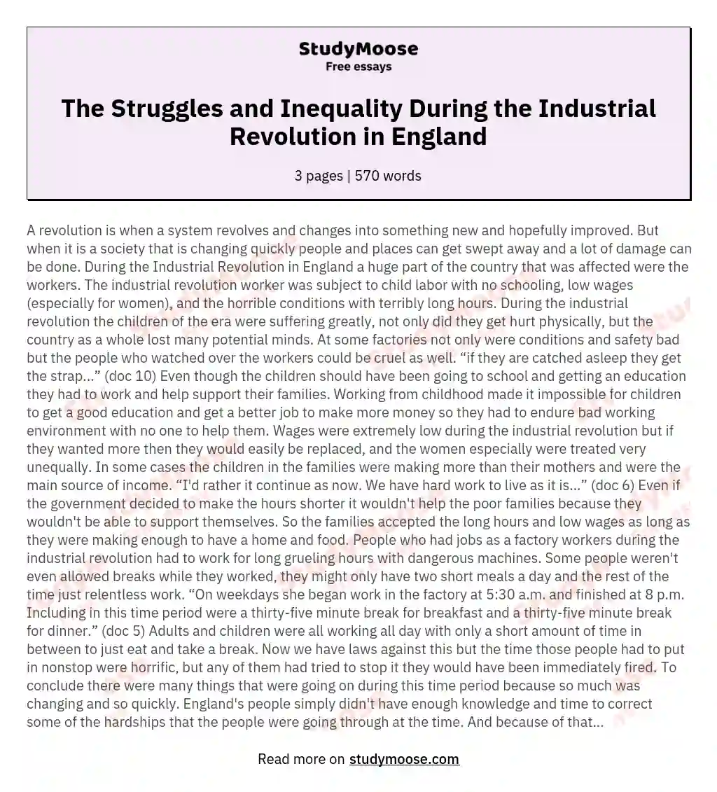 The Struggles and Inequality During the Industrial Revolution in England essay