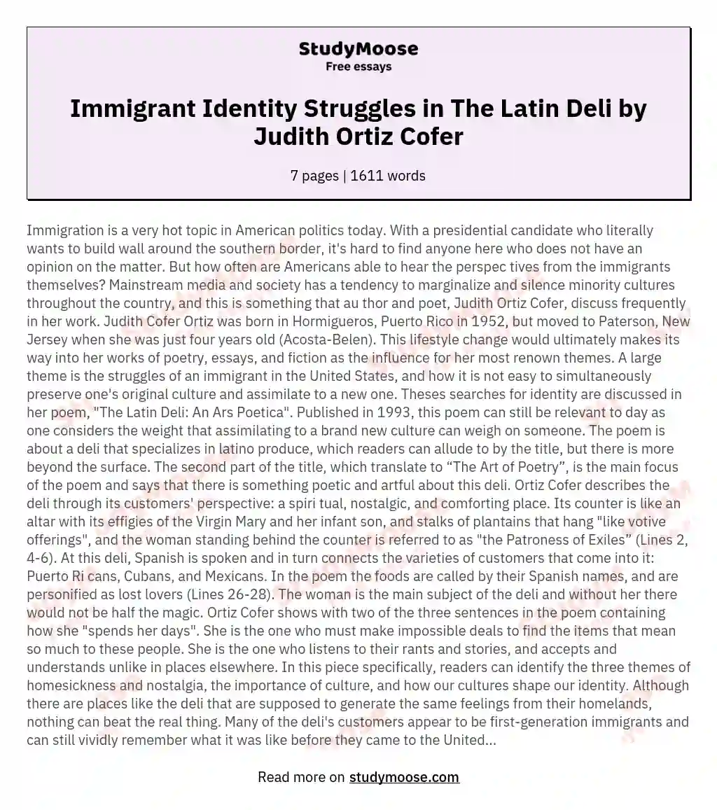 The Struggles of Immigrants in the United States and the Search for Identity in The Latin Deli: Prose and Poetry, a Poem by Judith Ortiz Cofer