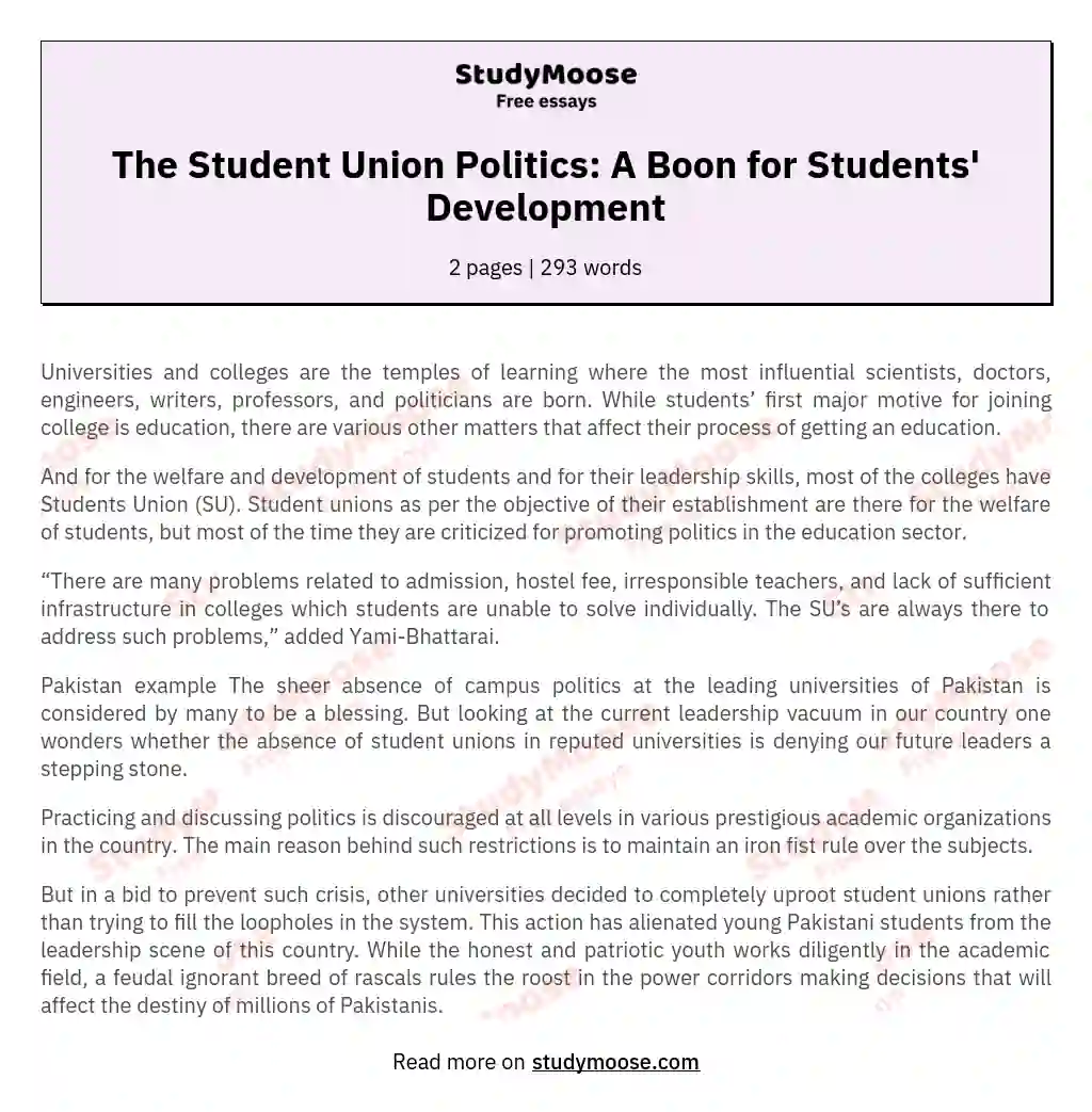 The Student Union Politics: A Boon for Students' Development essay
