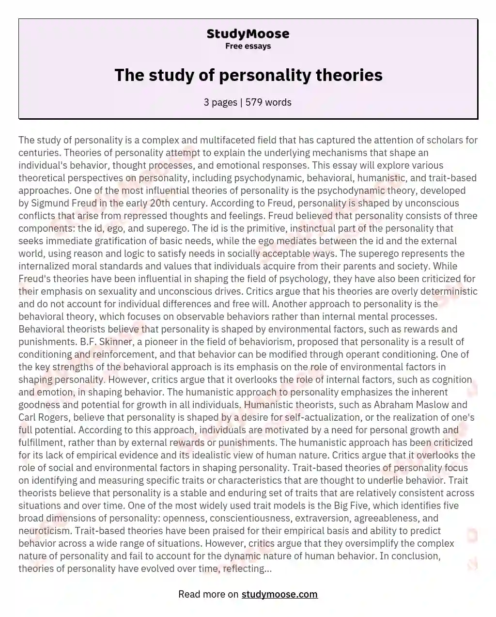 The study of personality theories essay