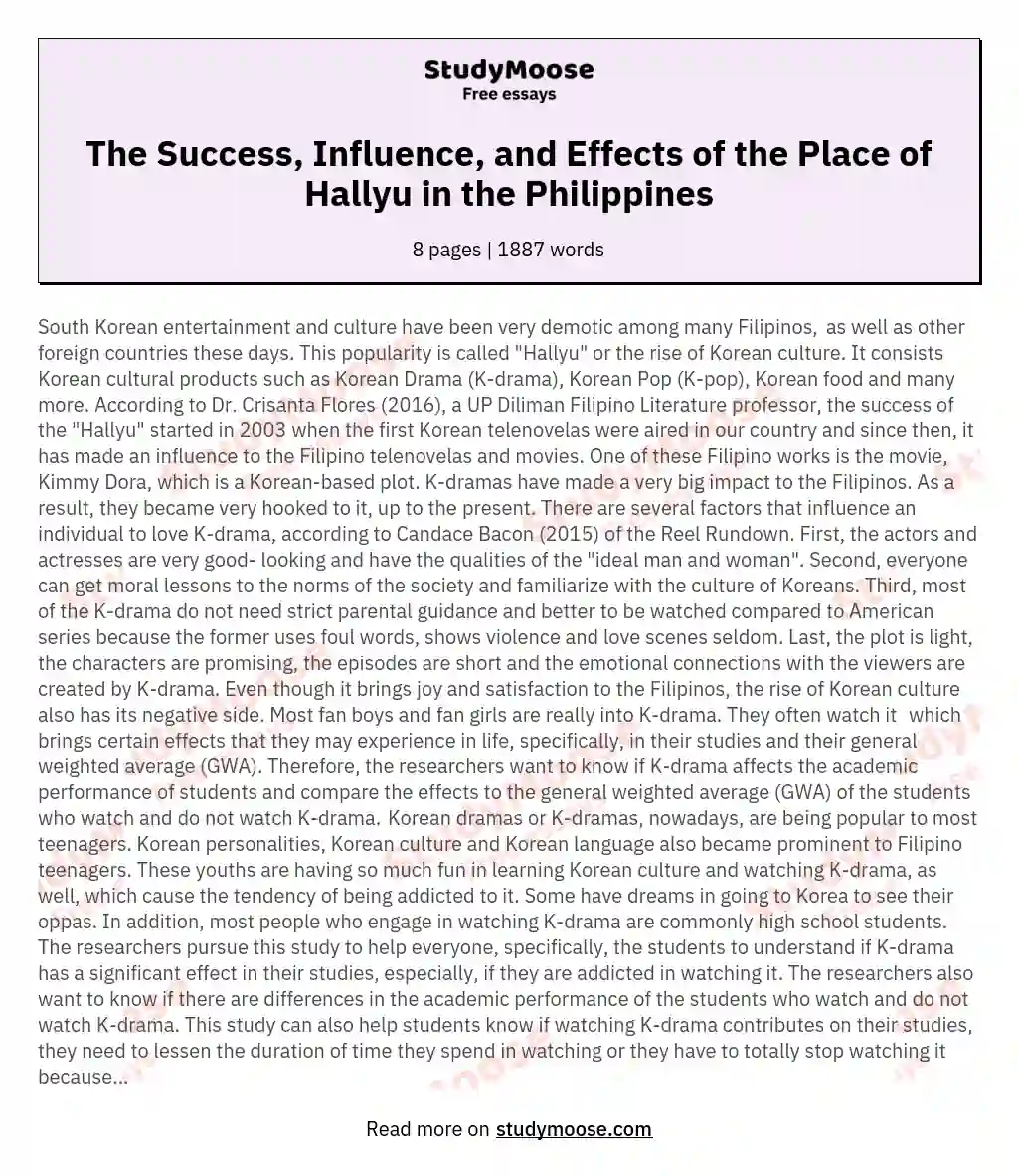 The Success, Influence, and Effects of the Place of Hallyu in the Philippines essay