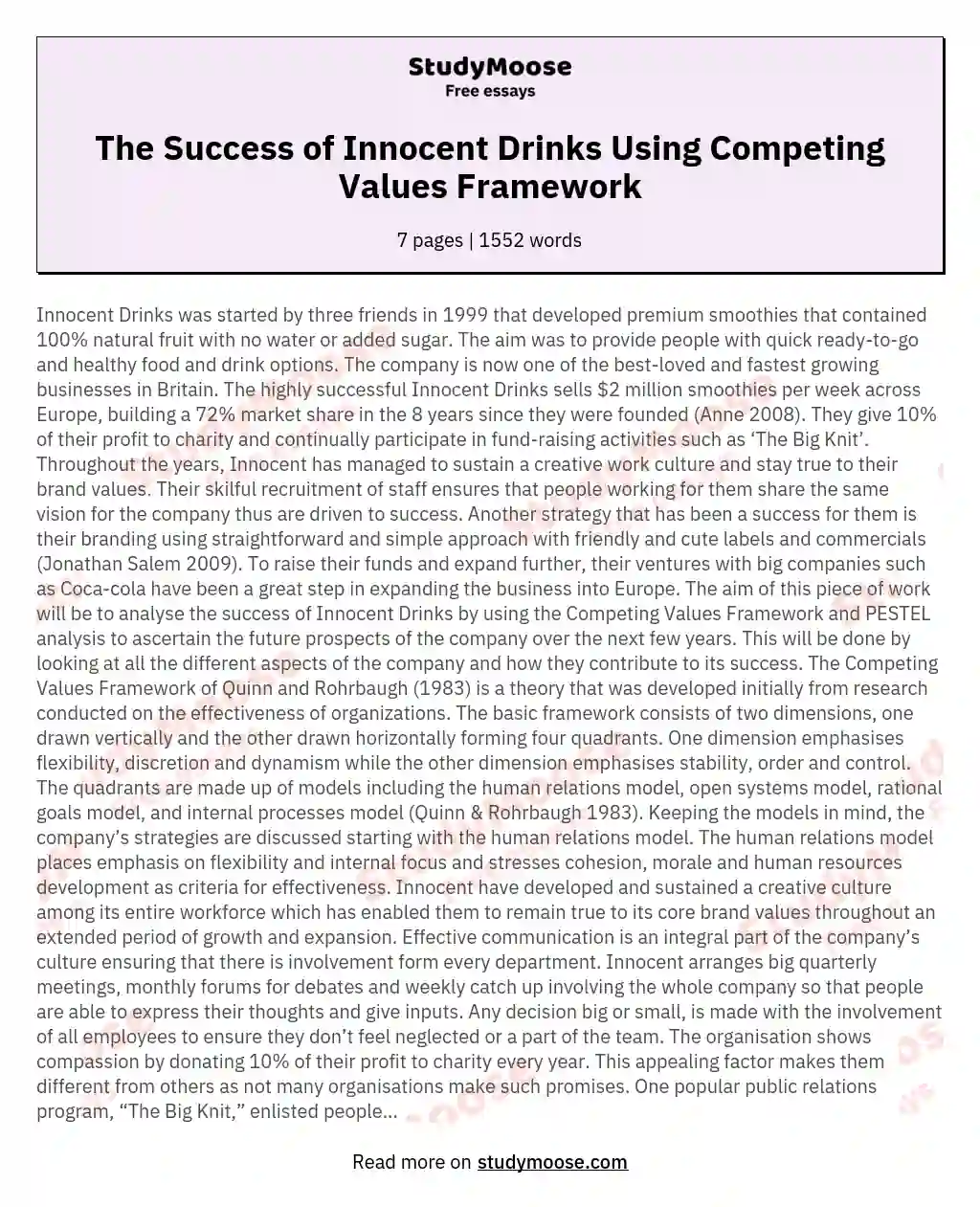 The Success of Innocent Drinks Using Competing Values Framework essay