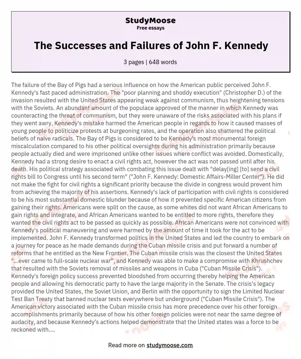 The Successes and Failures of John F. Kennedy essay