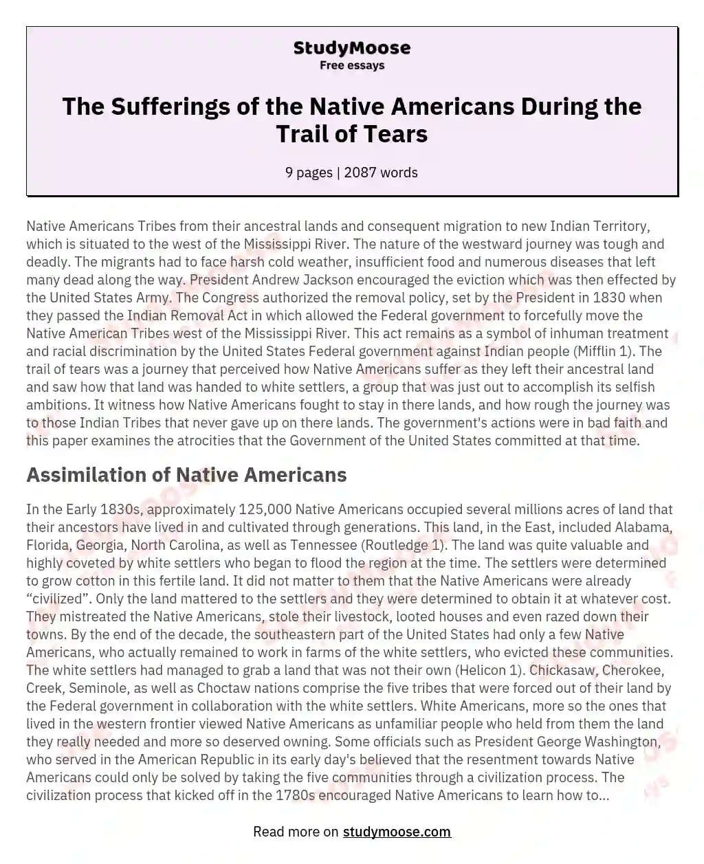 The Sufferings of the Native Americans During the Trail of Tears essay