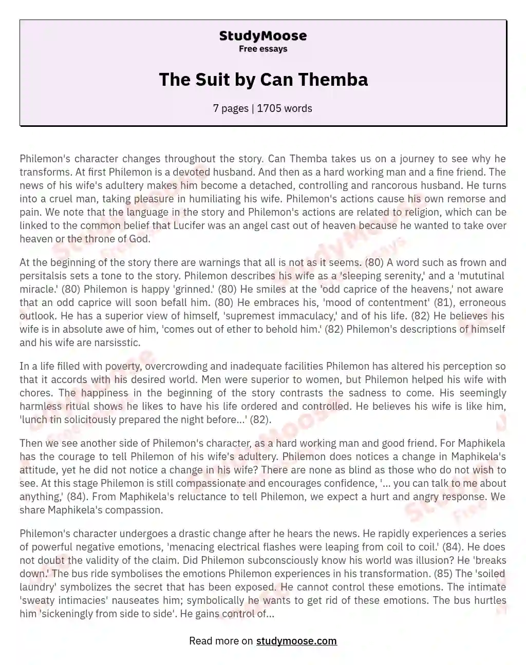 The Tragic Transformation of Philemon in "The Suit" by Can Themba essay