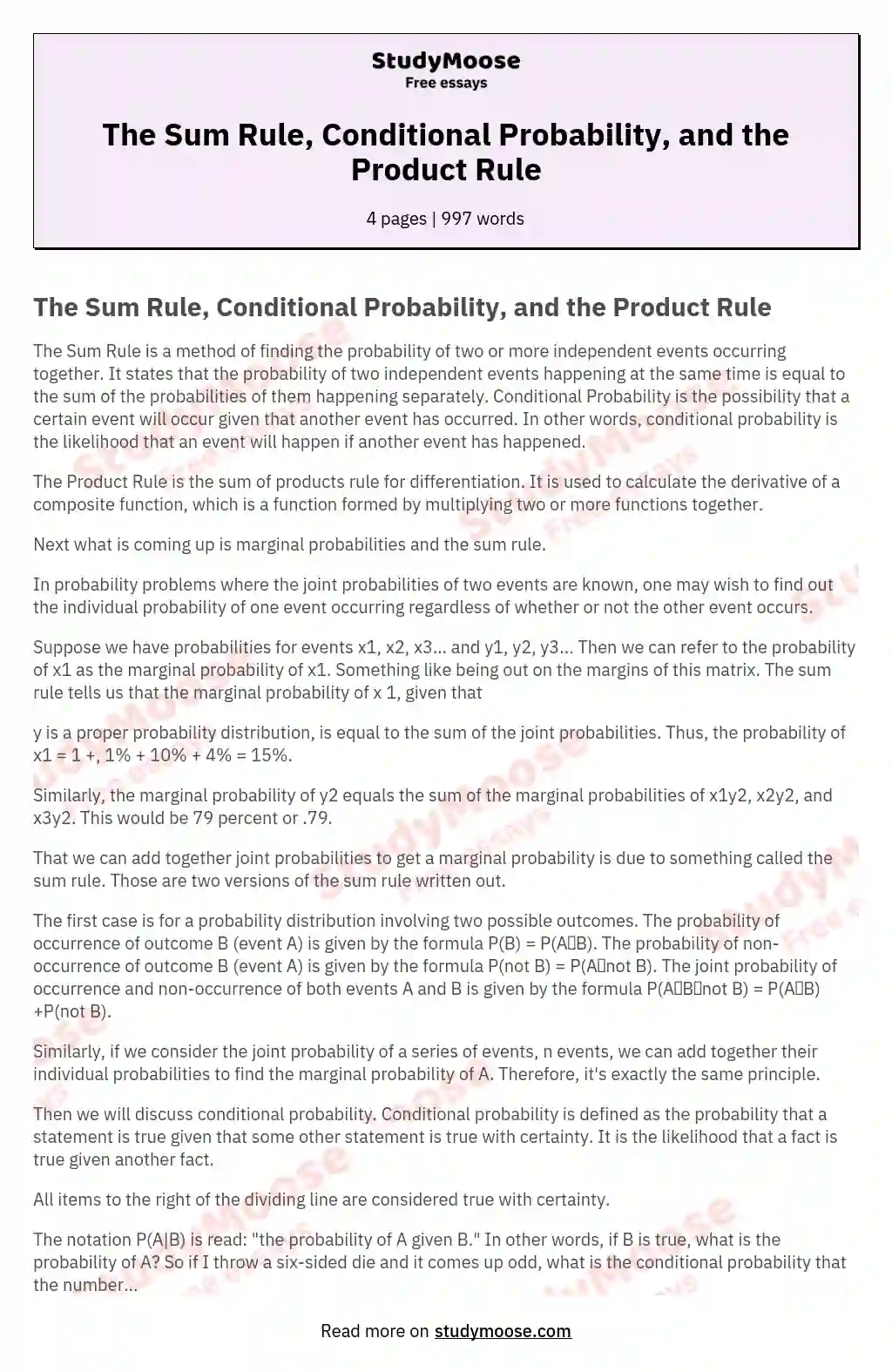 The Sum Rule, Conditional Probability, and the Product Rule essay
