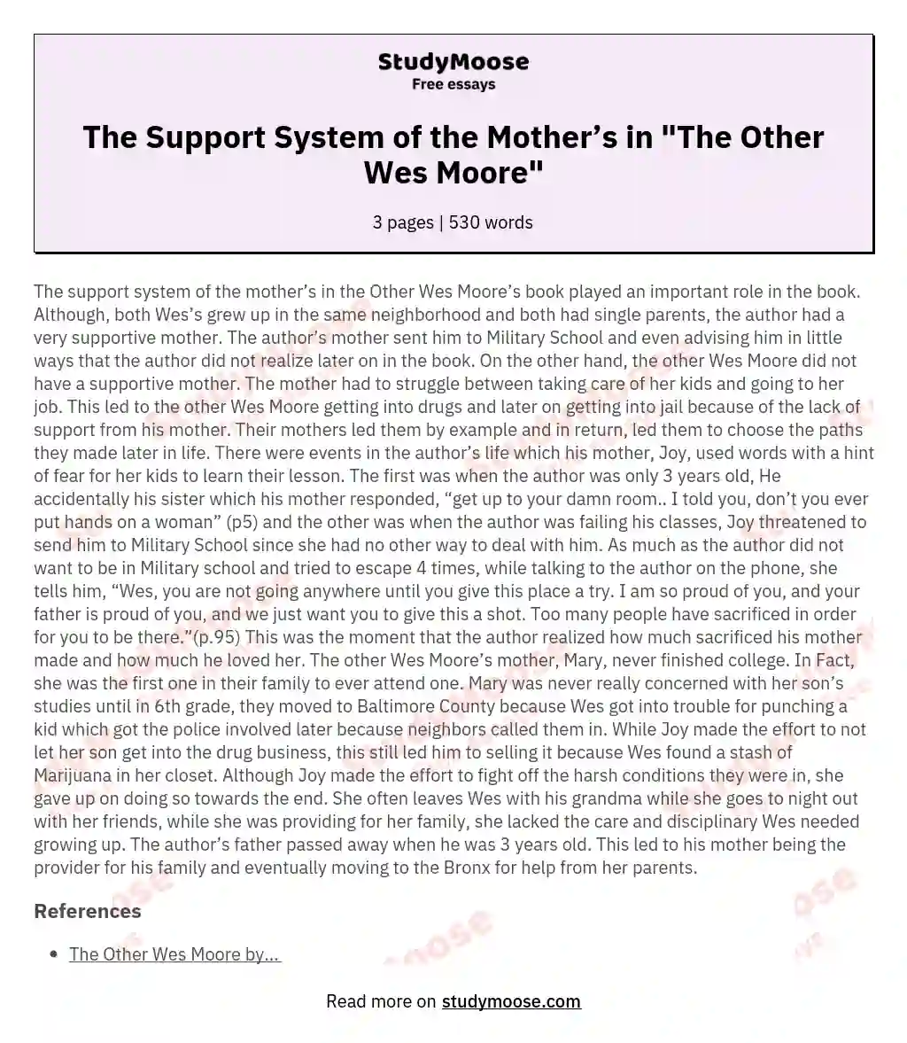 The Support System of the Mother’s in "The Other Wes Moore" essay