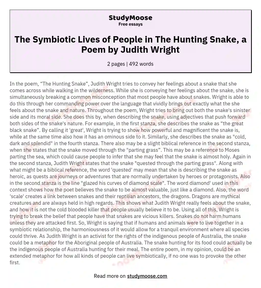 The Symbiotic Lives of People in The Hunting Snake, a Poem by Judith Wright essay