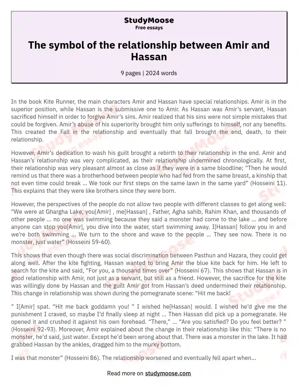 The symbol of the relationship between Amir and Hassan essay