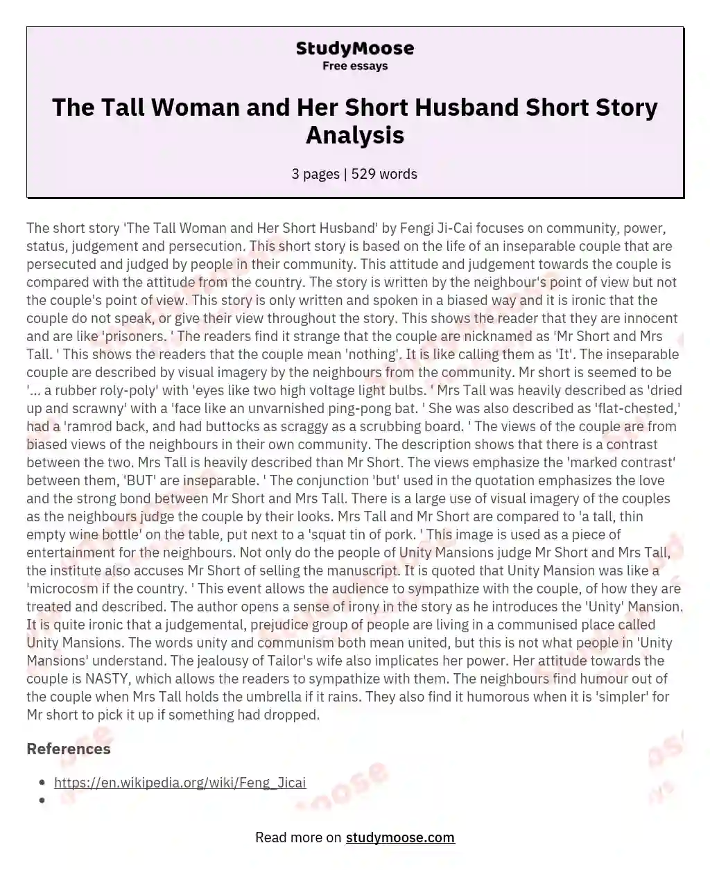 The Tall Woman and Her Short Husband Short Story Analysis essay