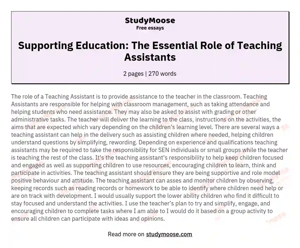 Supporting Education: The Essential Role of Teaching Assistants essay
