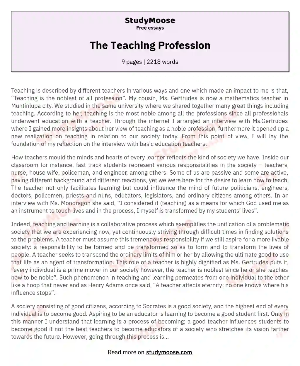 teaching profession meaning essay