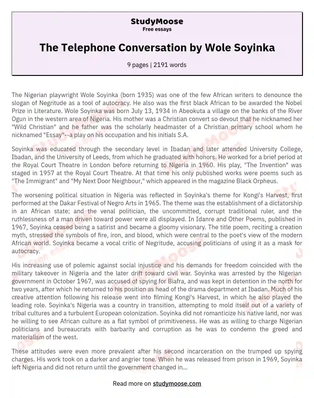 The Telephone Conversation by Wole Soyinka essay