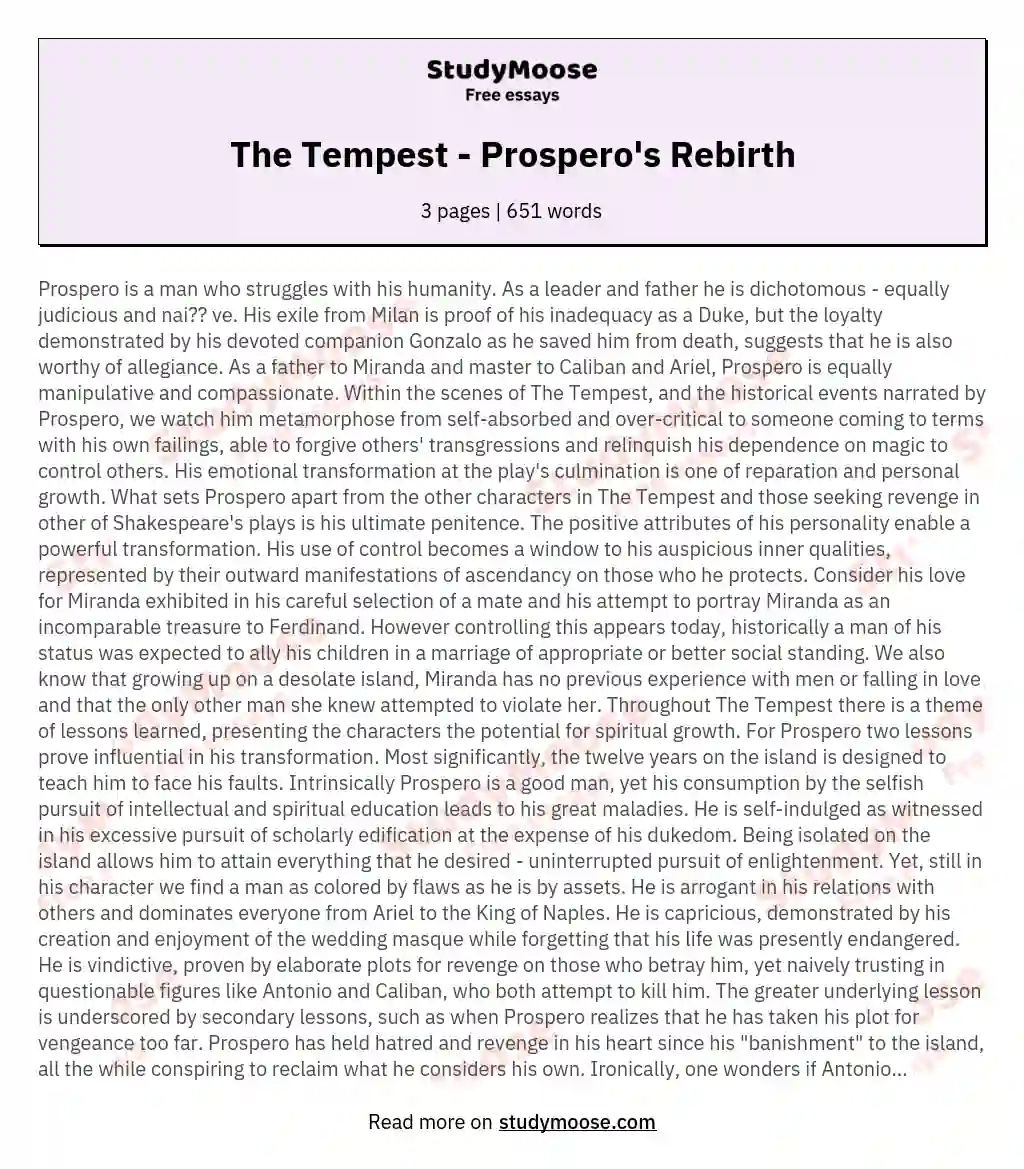 The Tempest - Prospero's Rebirth essay