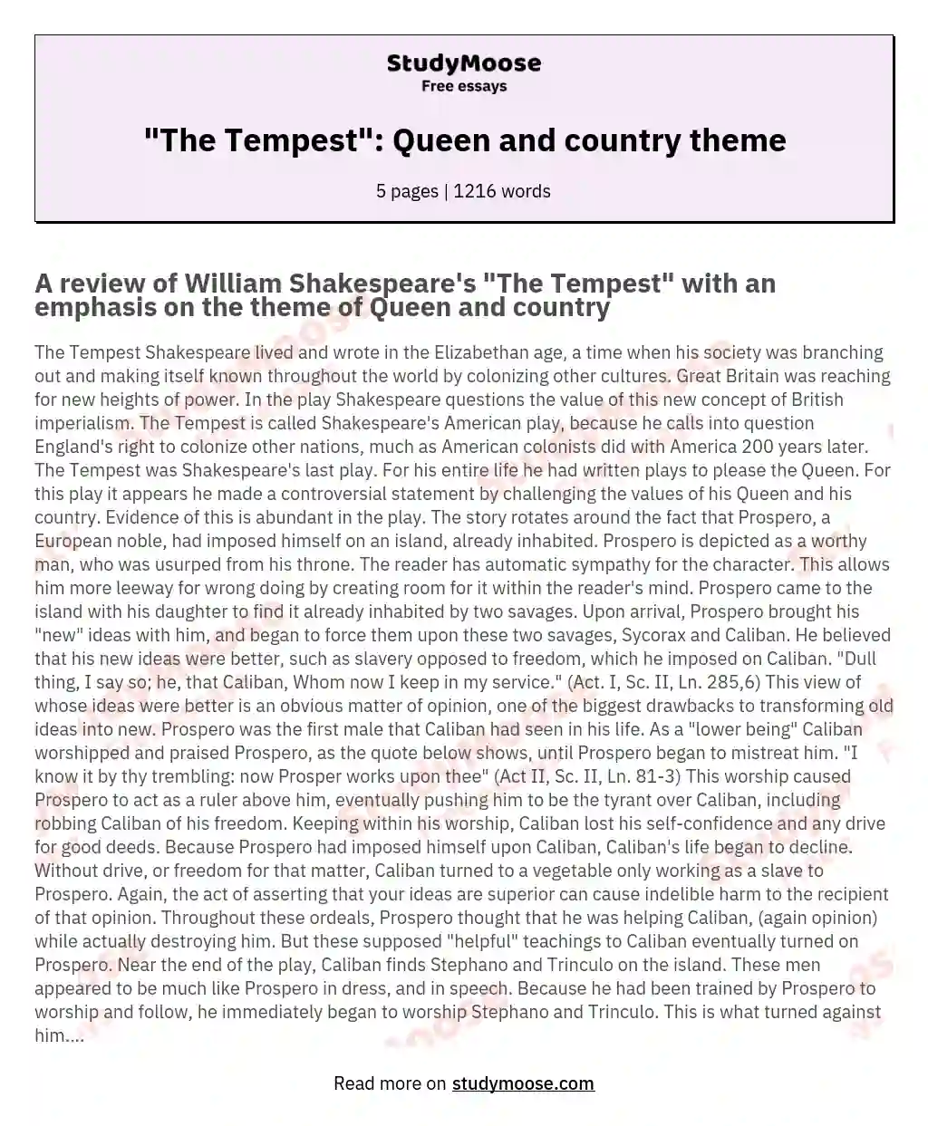 "The Tempest": Queen and country theme essay
