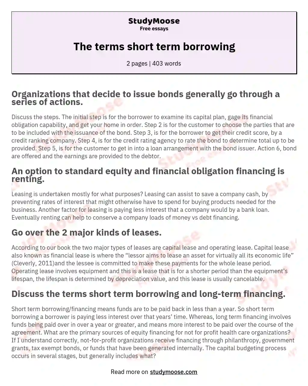 The terms short term borrowing