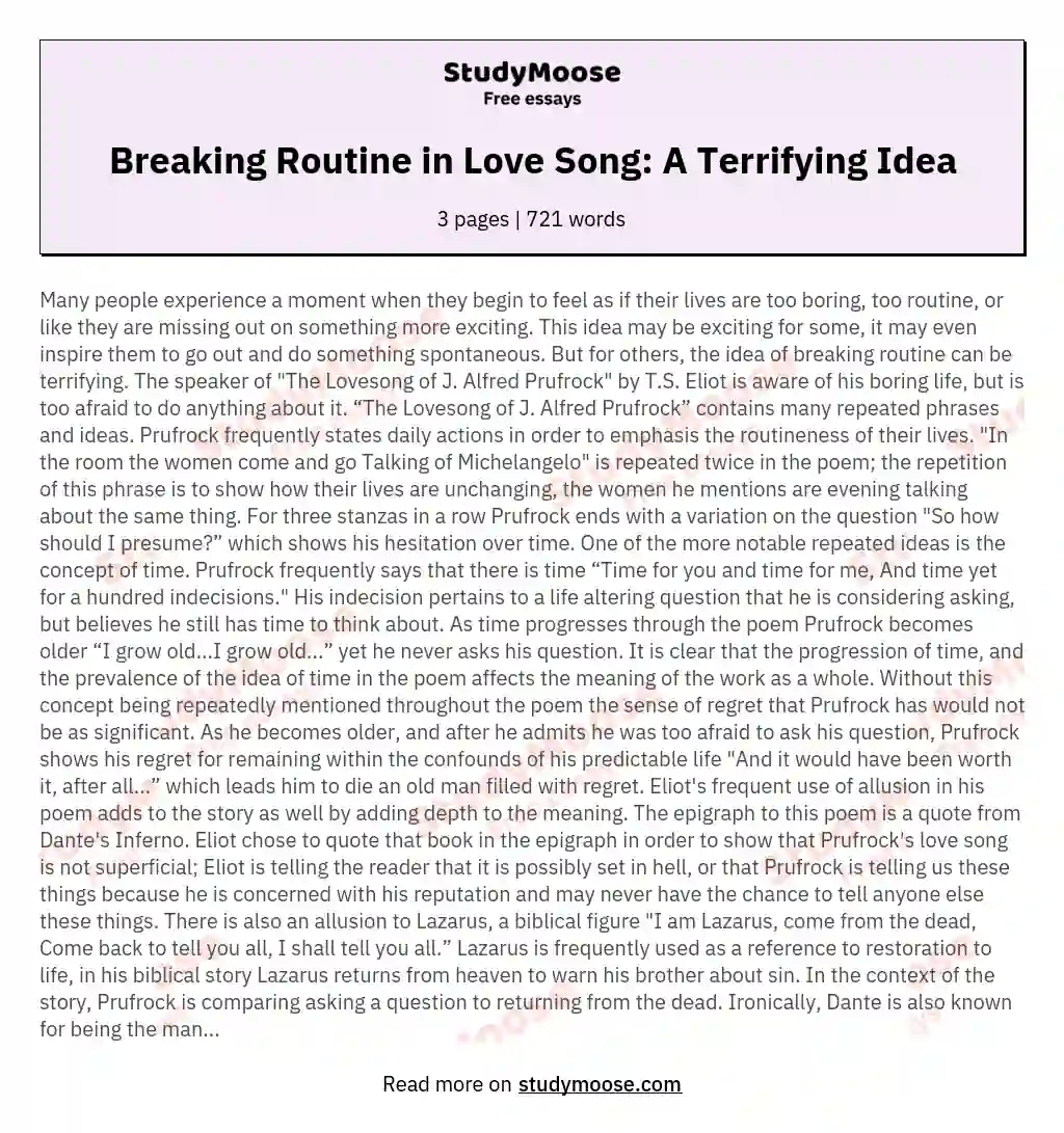 Breaking Routine in Love Song: A Terrifying Idea essay