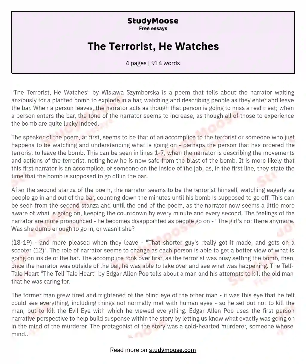The Terrorist, He Watches essay