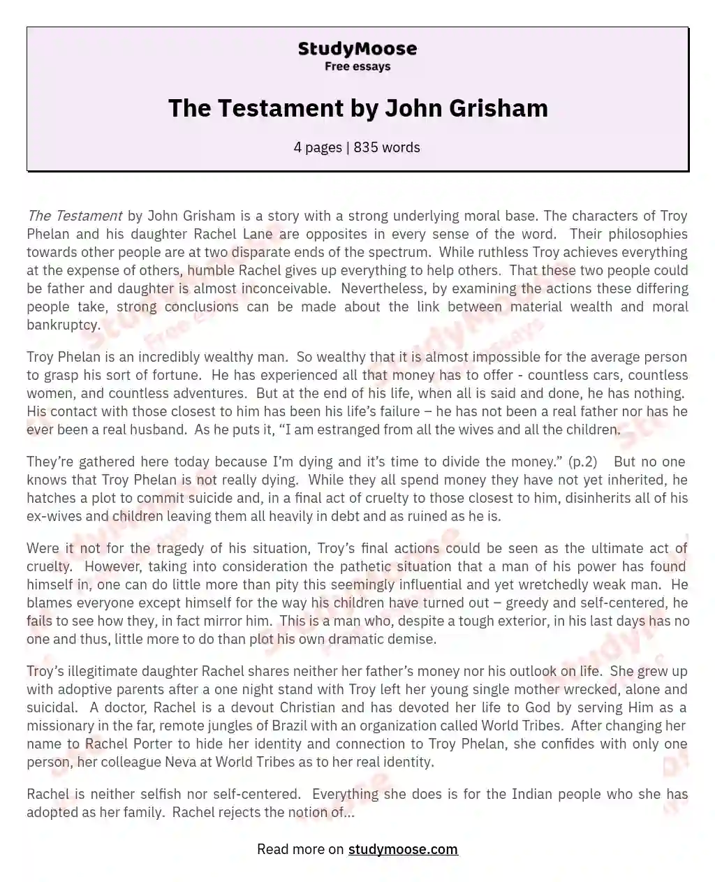 The Testament by John Grisham essay
