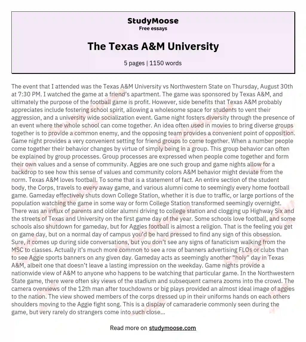 The Texas A&M University Free Essay Example
