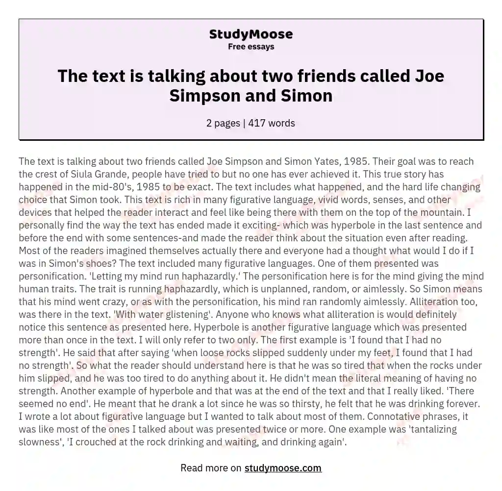 The text is talking about two friends called Joe Simpson and Simon essay