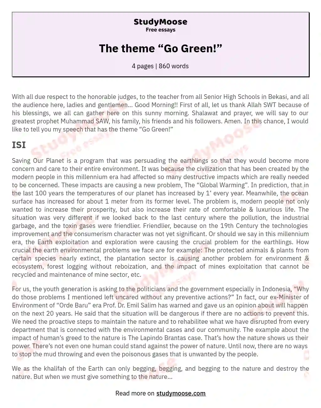 The theme “Go Green!” essay