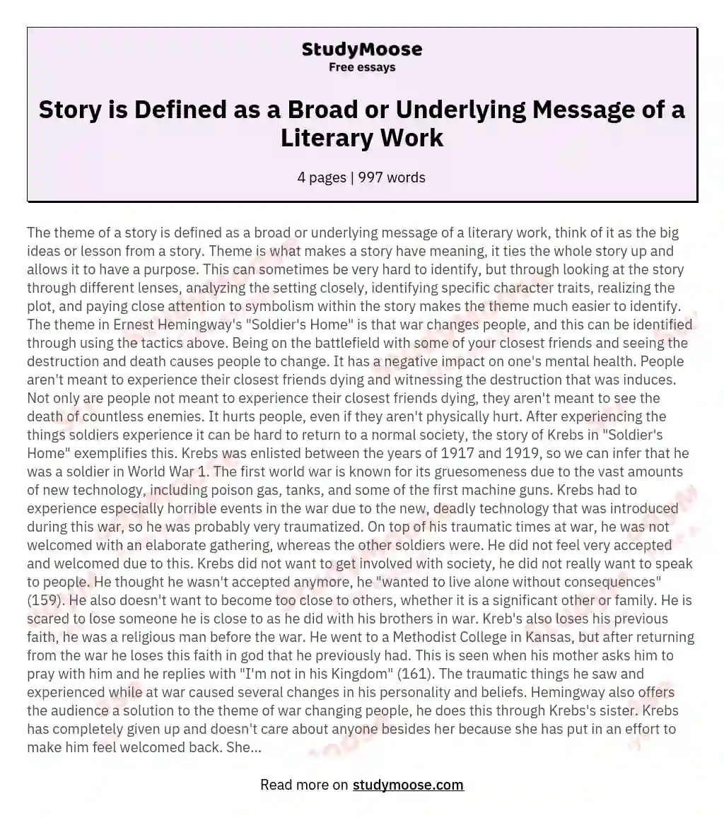 Story is Defined as a Broad or Underlying Message of a Literary Work essay