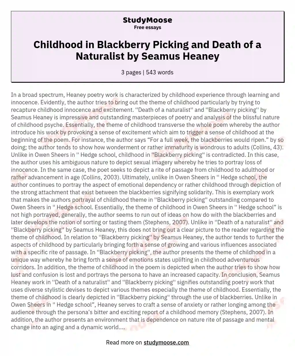 Blackberry Picking and Death of a Naturalist by Seamus Heaney - The theme of childhood