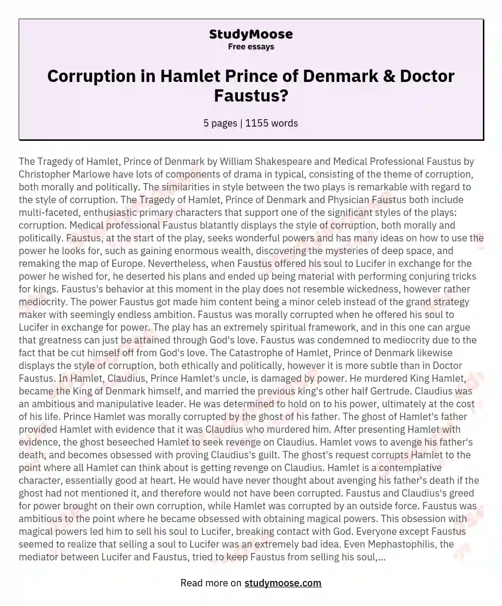 The Theme of Corruption in The Tragedy of Hamlet, Prince of Denmark and Doctor Faustus