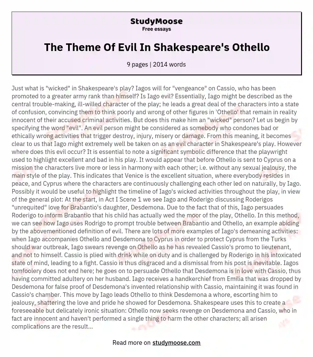 The Theme Of Evil In Shakespeare's Othello essay